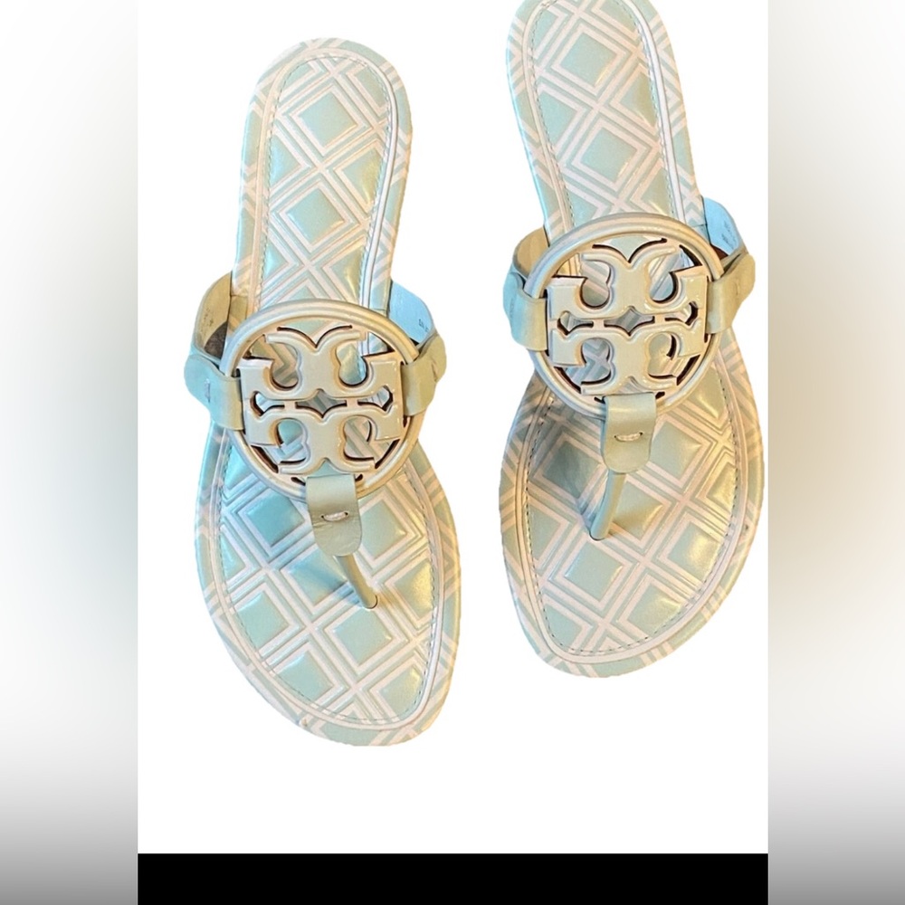 NEW TORY BURCH METAL MILLER SANDAL LEATHER/NEW IVORY MEADOW MIST SIZE 9 Shoes